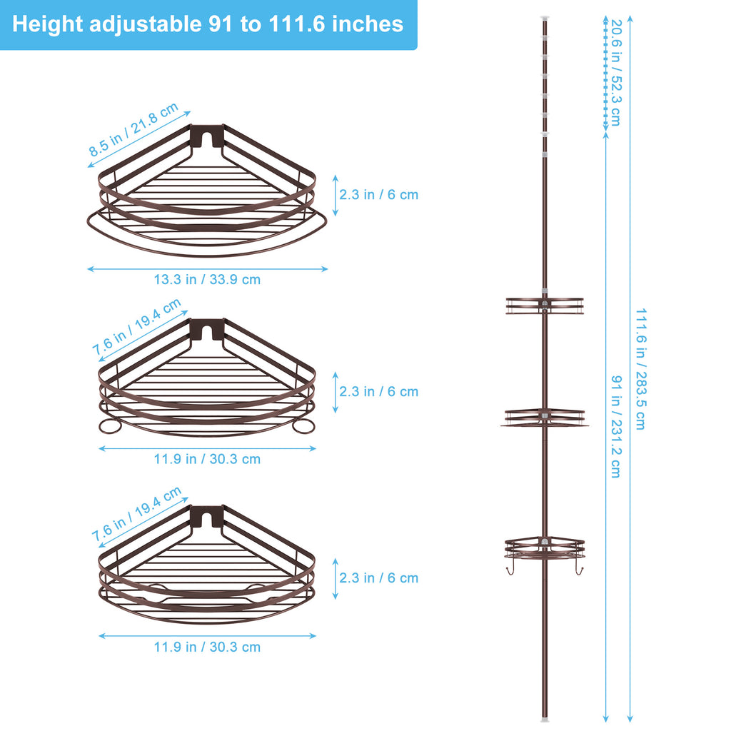 Tension Pole Shower Caddy (4-Tier), Adjustable Bronze Corner Bathroom Storage Rack