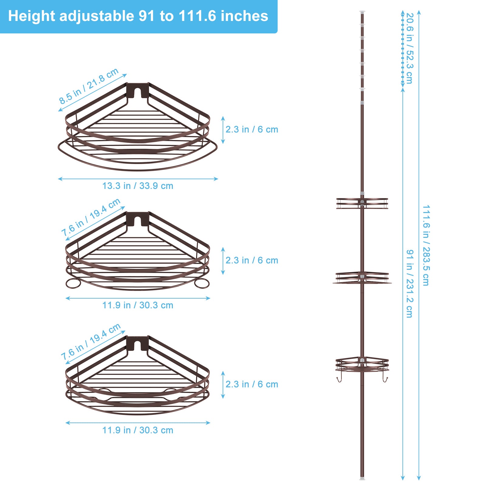 Tension Pole Shower Caddy (4-Tier), Adjustable Bronze Corner Bathroom Storage Rack