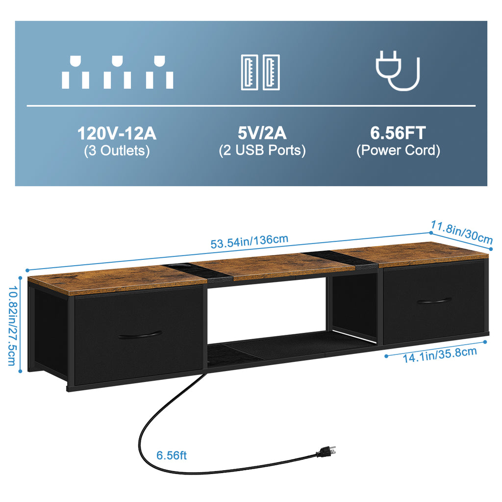 Farmhouse Floating TV Stand & Media Console with Power Outlets - Rustic Brown Wall Mount w/ Drawers