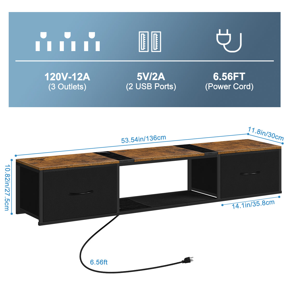 Farmhouse Floating TV Stand & Media Console with Power Outlets - Rustic Brown Wall Mount w/ Drawers