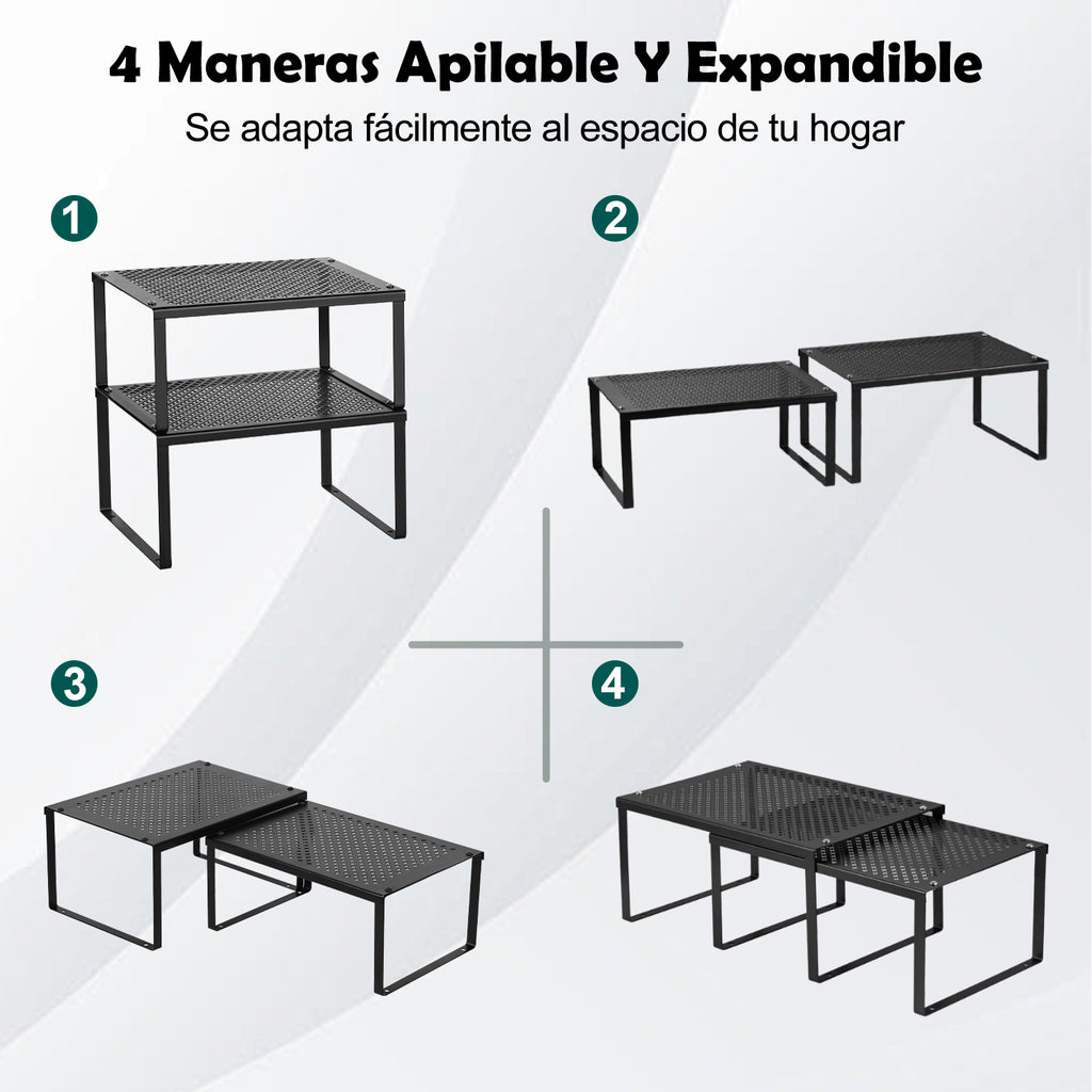 Set of 2 Black Cabinet Shelf Inserts - Expandable & Stackable Kitchen Organizer for Spice Rack