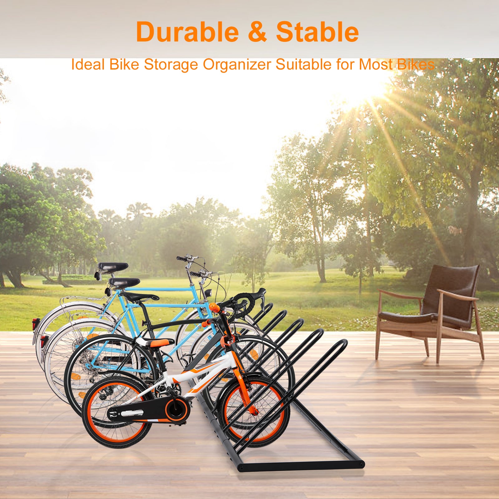 5-Bike Floor Parking Stand - Adjustable Free-Standing Storage Rack for Garage, MTB & Road Bikes