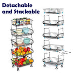 Stackable 5 Tier Rolling Kitchen Storage Cart, Freestanding Wire Produce Fruit Basket Rack with Mobile Casters, Multi-Purpose Vegetable Food Organizer for Kitchen, Dining Room, Pantry