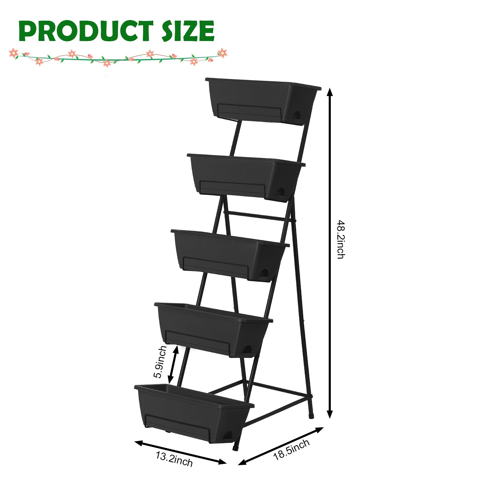 5-Tier Vertical Raised Garden Bed with Drainage - Elevated Planter Boxes for Flowers & Herbs, Space-Saving Outdoor/Indoor Standing Garden, Black