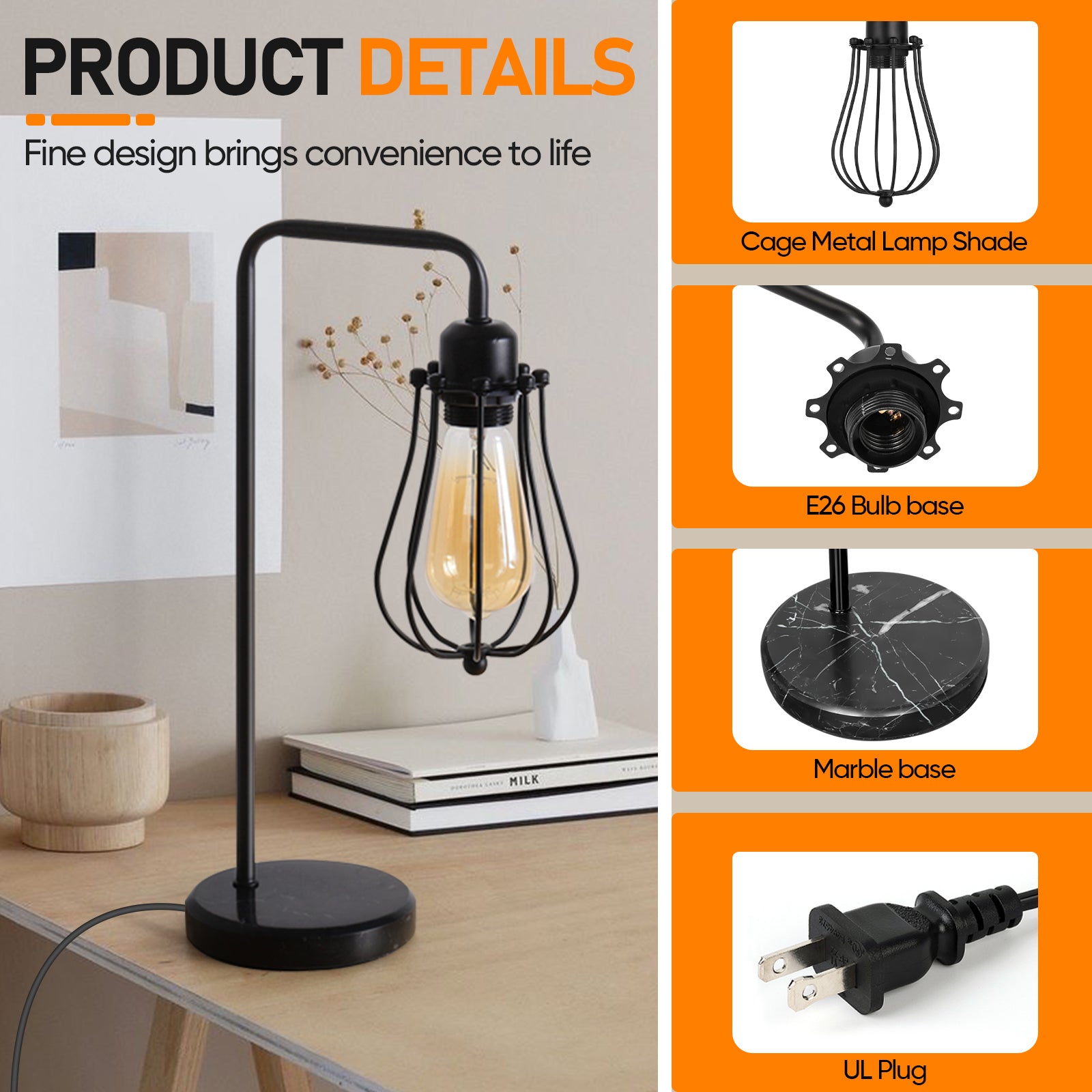 Vintage Industrial Table Lamp with Marble Base — Black Metal Nightstand Light for Office and Bedroom.