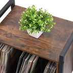 Record holder with vinyl record storage, grey turntable stand with charging station, record player stand with removable wheels