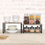 Stackable Kitchen Counter Shelves (Set of 2) -Expandable Grey Wood Organizers for Countertops & Cabinets