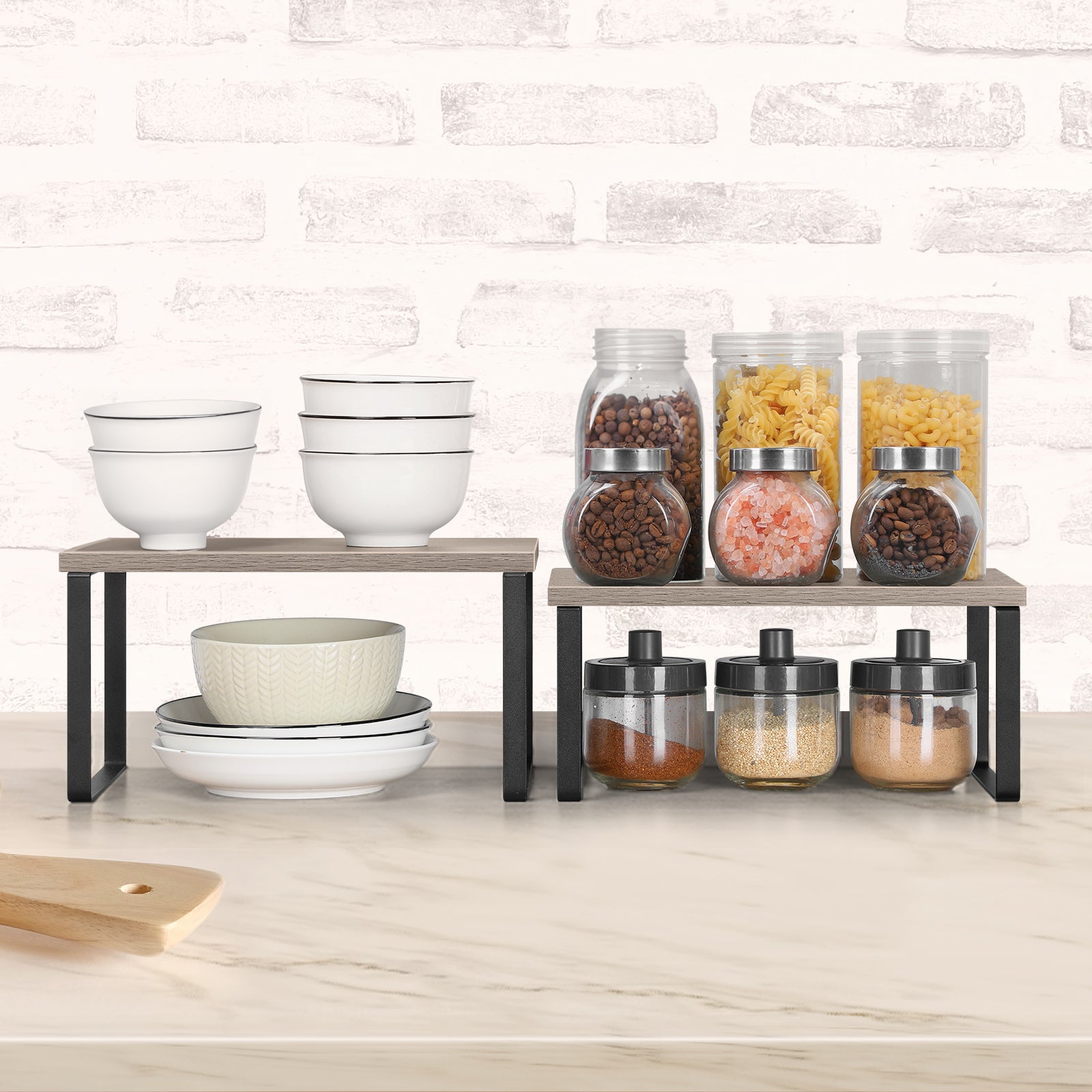 Stackable Kitchen Counter Shelves (Set of 2) -Expandable Grey Wood Organizers for Countertops & Cabinets