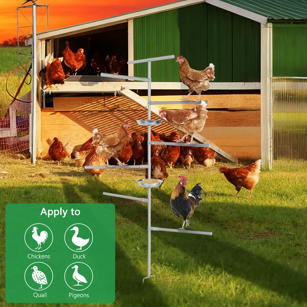 8-Tier Metal Chicken Roosting Bar with 2 Feeders, Ground-Inserted Iron Perch Stand for Poultry Coops