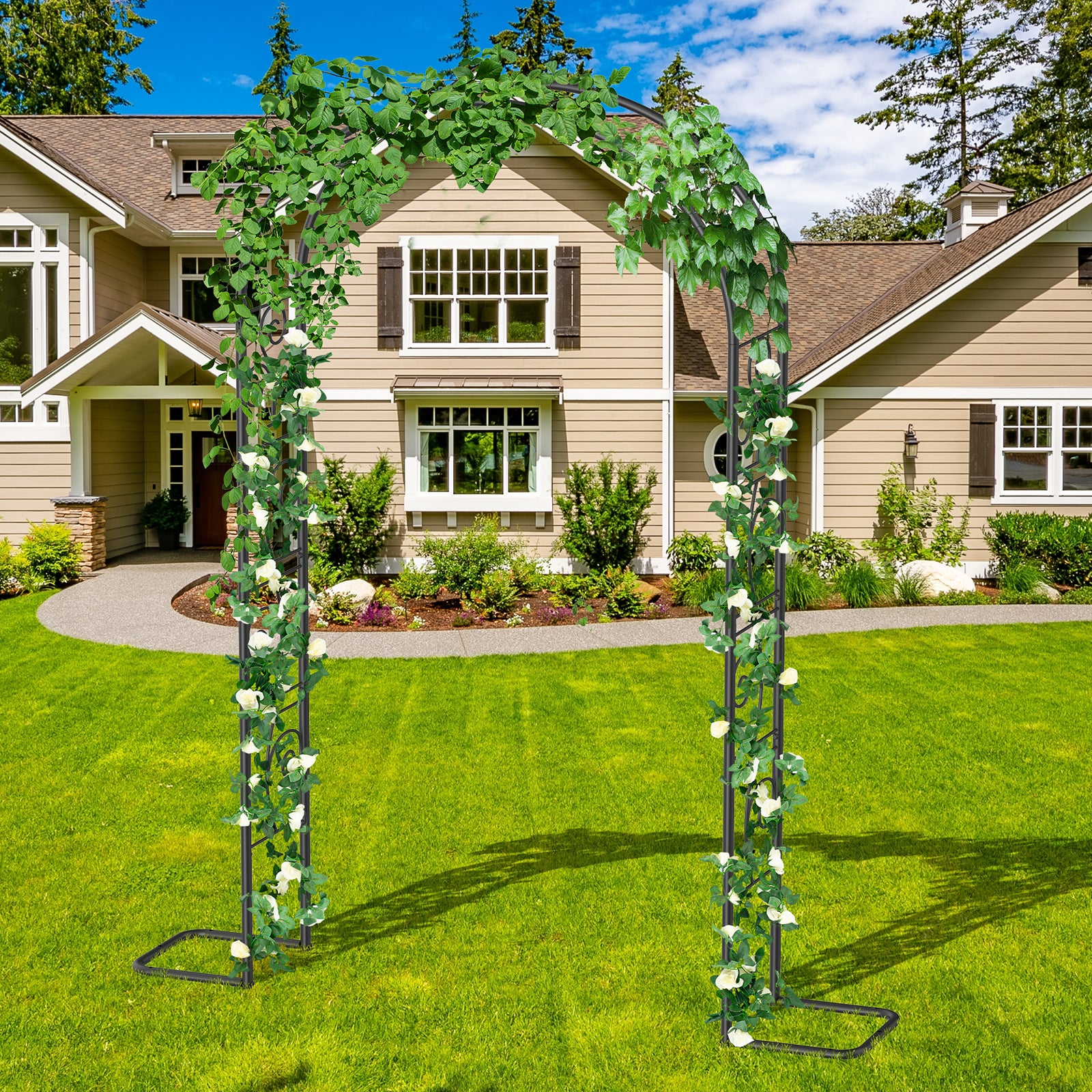 7FT Garden Arch Arbor with Scroll Design - Decorative Metal Trellis for Climbing Plants - Elegant Outdoor Wedding Stand