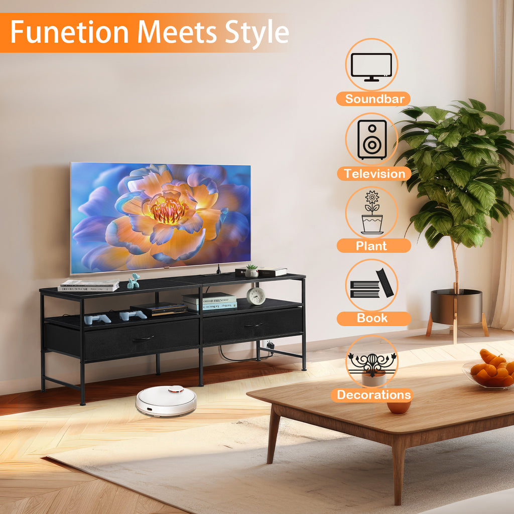 TV Cabinet. Suitable for TVs Up To 55 in. Entertainment Center, Industrial Media TV Cabinet Table. with Open Storage Shelves for Living Room, Bedroom TV Stand, Black