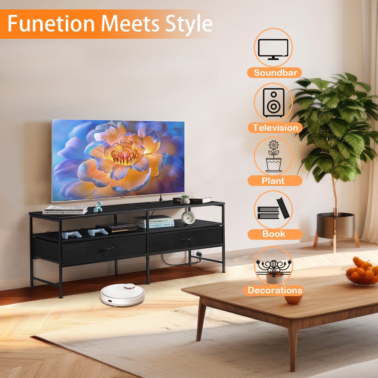 TV Cabinet. Suitable for TVs Up To 55 in. Entertainment Center, Industrial Media TV Cabinet Table. with Open Storage Shelves for Living Room, Bedroom TV Stand, Black