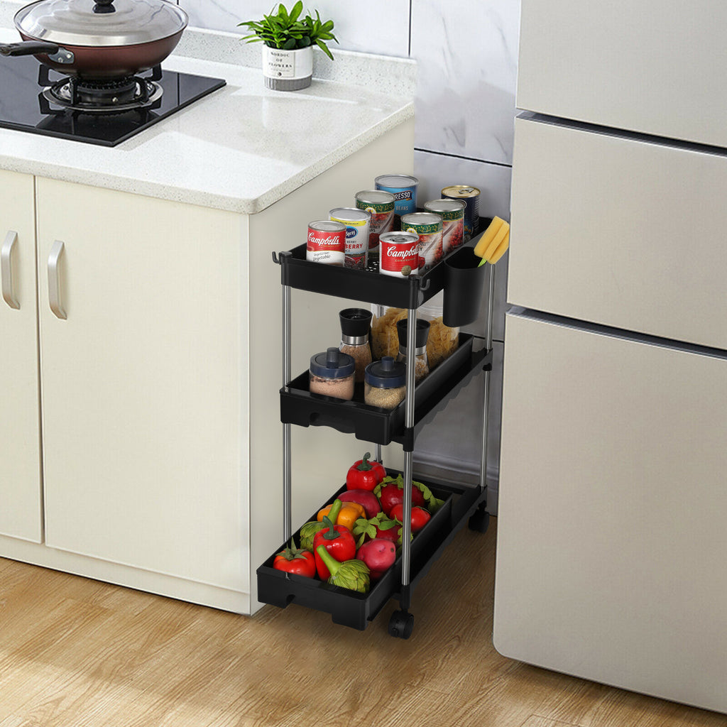 3 Tier Rolling Cart Organizer, Plastic Rolling Cart with Lockable Wheels, Laundry Room Bathroom Organizers and Storage Mobile Shelving Unit for Kitchen Bathroom Living Room Office