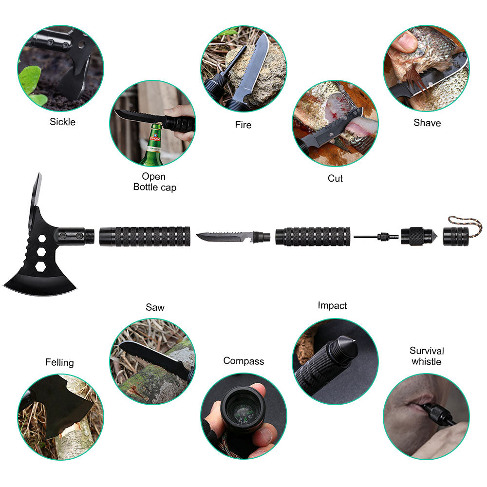 Professional Camping Axe with Multi-Tool Handle, Tactical Black Hatchet for Survival, Wood Chopping, and Outdoor Adventure,