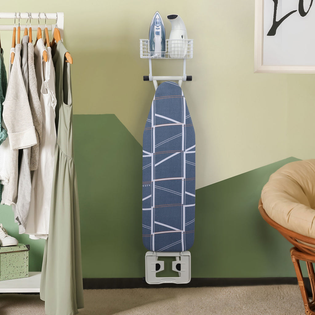 Wall Mount Iron & Ironing Board Holder, White Metal Laundry Organizer with Storage Basket and Removable Hooks