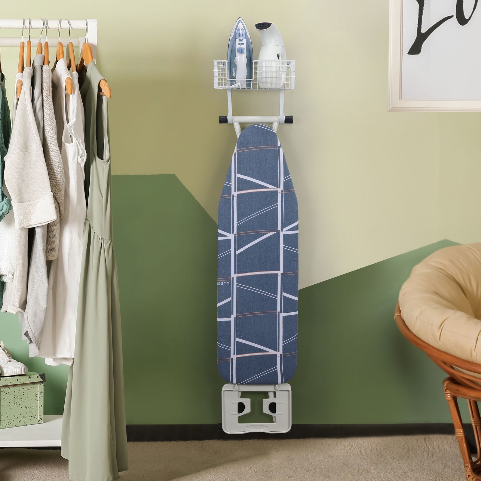 Wall Mount Iron & Ironing Board Holder, White Metal Laundry Organizer with Storage Basket and Removable Hooks