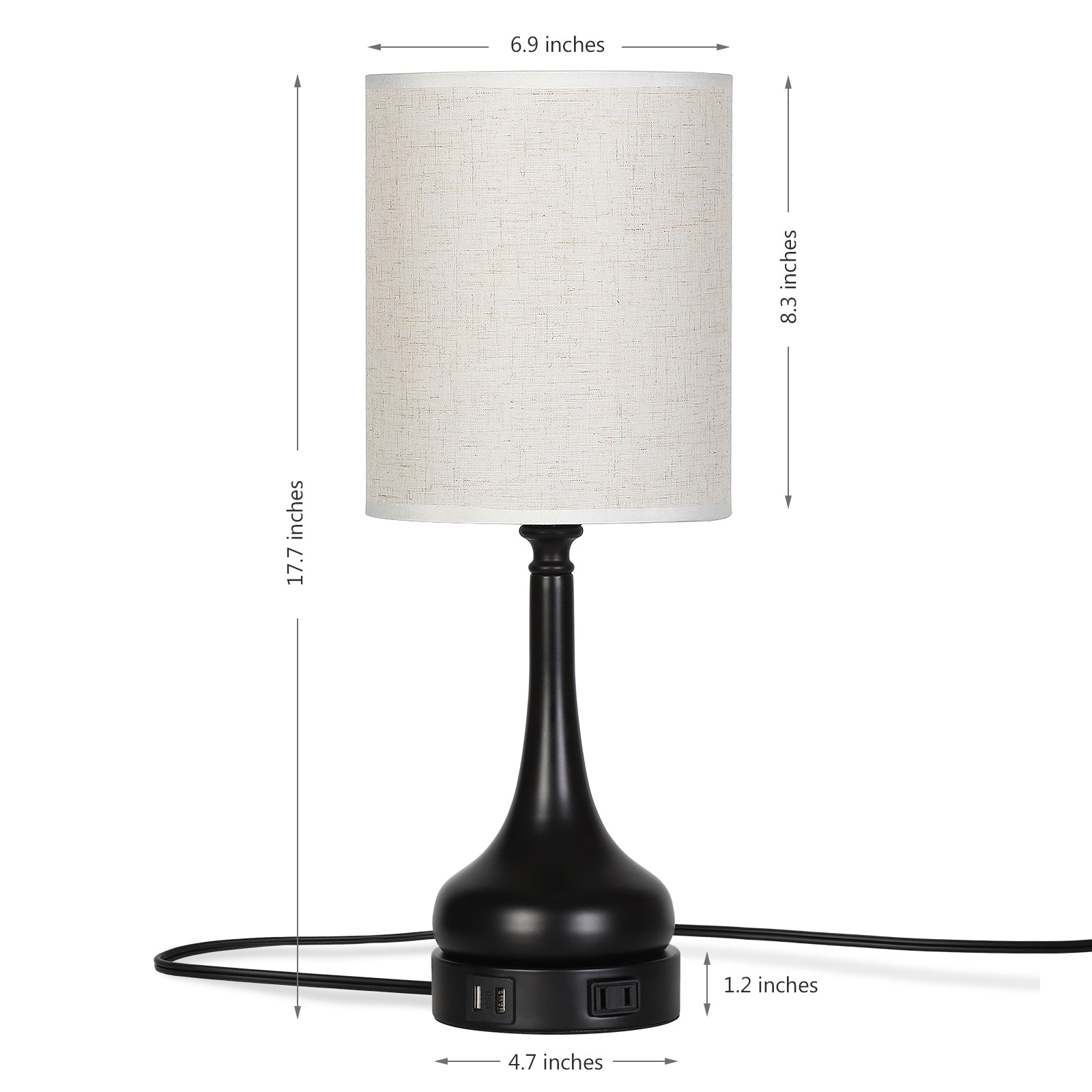 Set of 2 Dimmable Touch Bedside Lamps with Dual USB Ports and AC Outlet, Black Nightstand Light with Round Linen Shade for Home Office