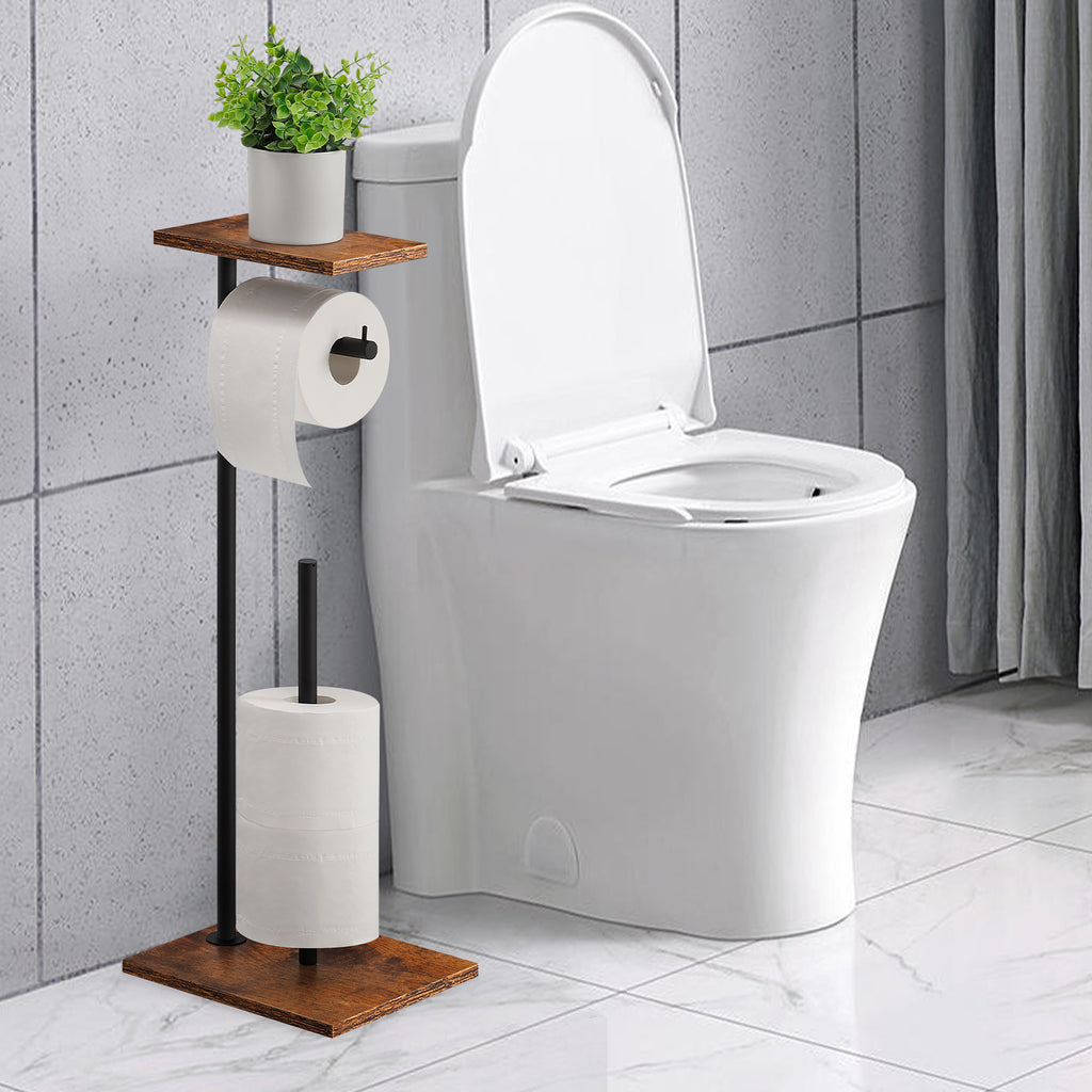 Rustic Industrial Free-Standing Toilet Paper Holder â€“ 3-in-1 Bathroom Organizer with Storage Shelf & Reserve
