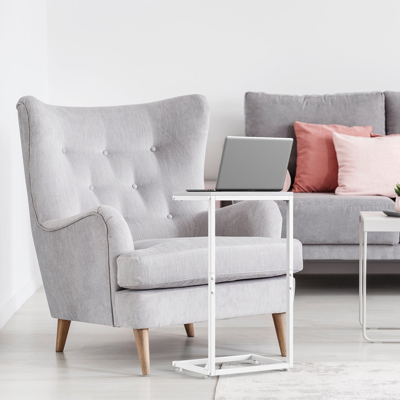 Set of 2 White C-Shaped End Tables, Modern Slide-Under Sofa Side Tables for Small Spaces & Bedroom,
