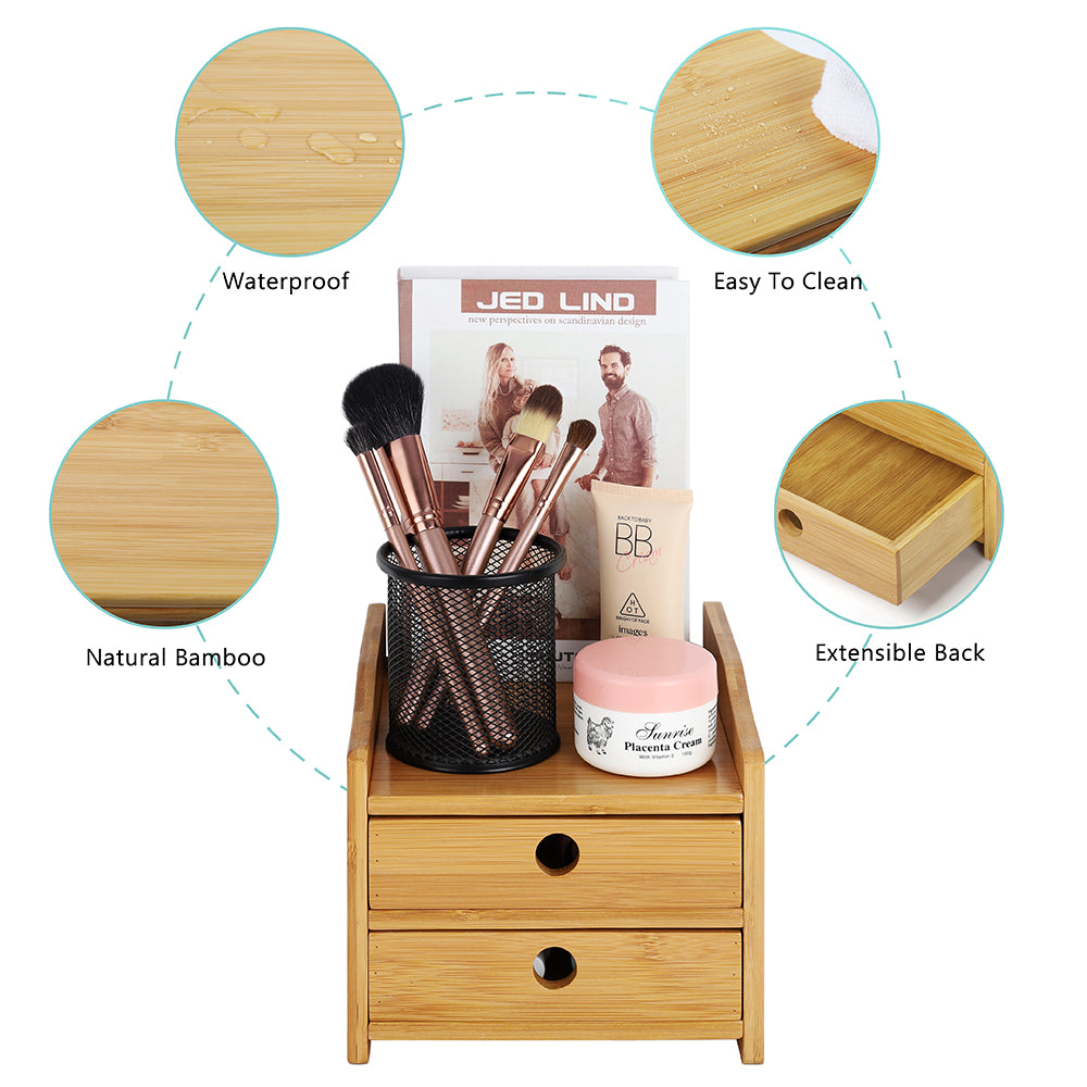 Bamboo 2 Drawer Desktop Organizer Cosmetic Makeup Storage