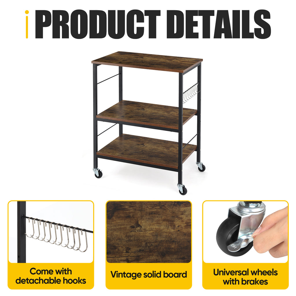 3-Tier Rolling Microwave Stand - Rustic Industrial Baker's Rack with 10 Hooks for Kitchen Storage