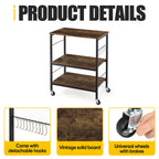 3-Tier Rolling Microwave Stand - Rustic Industrial Baker's Rack with 10 Hooks for Kitchen Storage