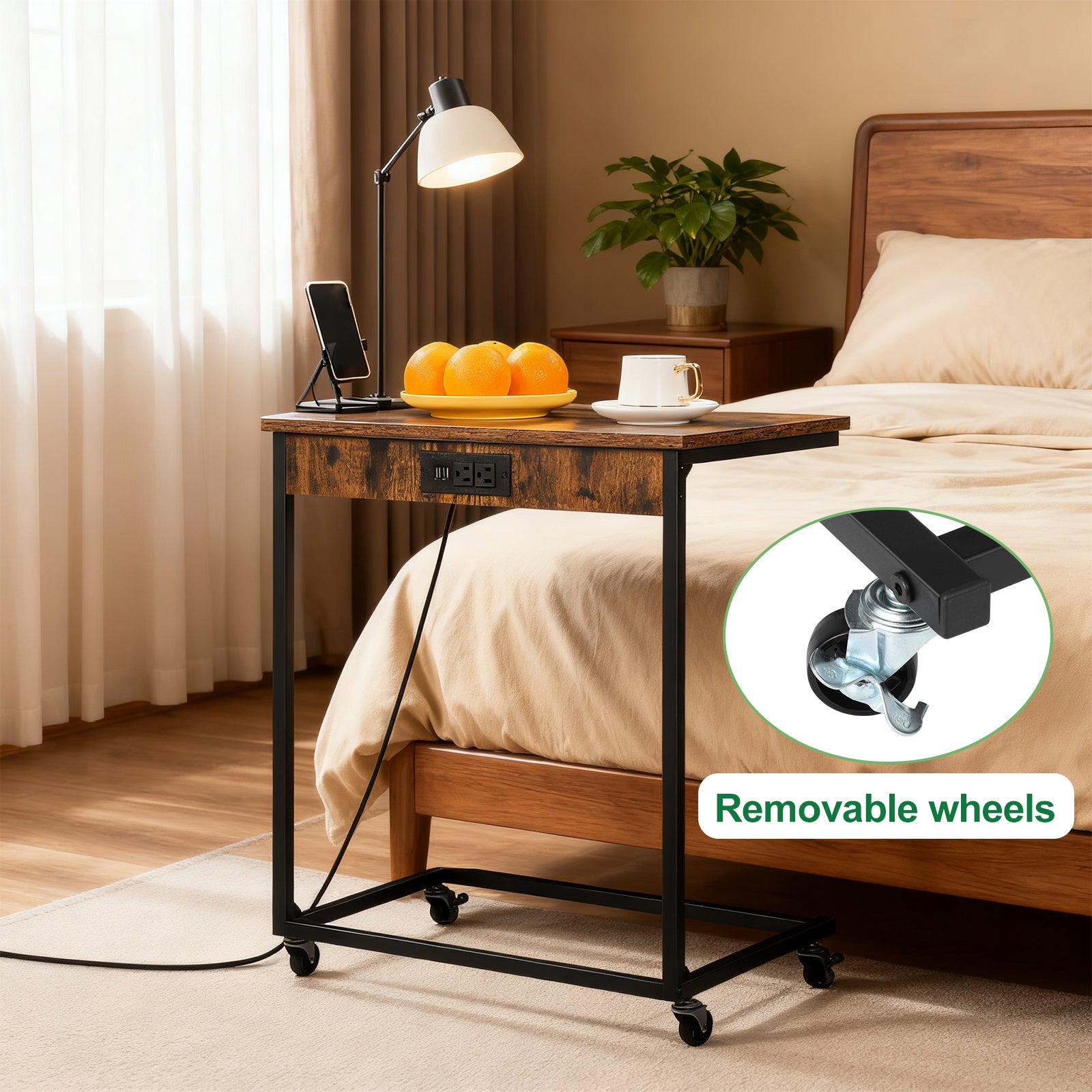 Set of 2 C-Shaped Side Tables with Wheels & Charging - Mobile Snack Trays for Couch, Industrial Brown