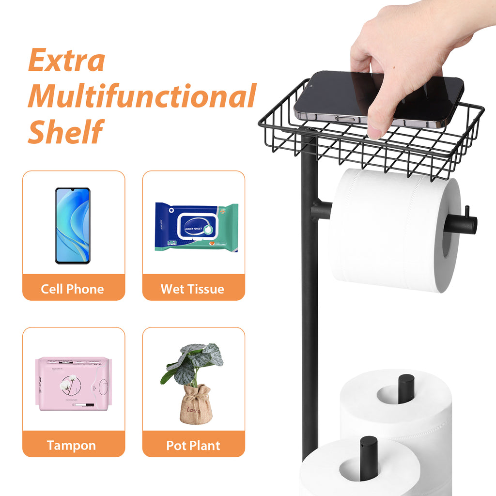 Two Pack Black Double Storage Rods with Basket Shelf, Freestanding Toilet Paper Holder, Holds 3 Rolls of Toilet Paper Rustproof Design, Non-Slip Stable Base