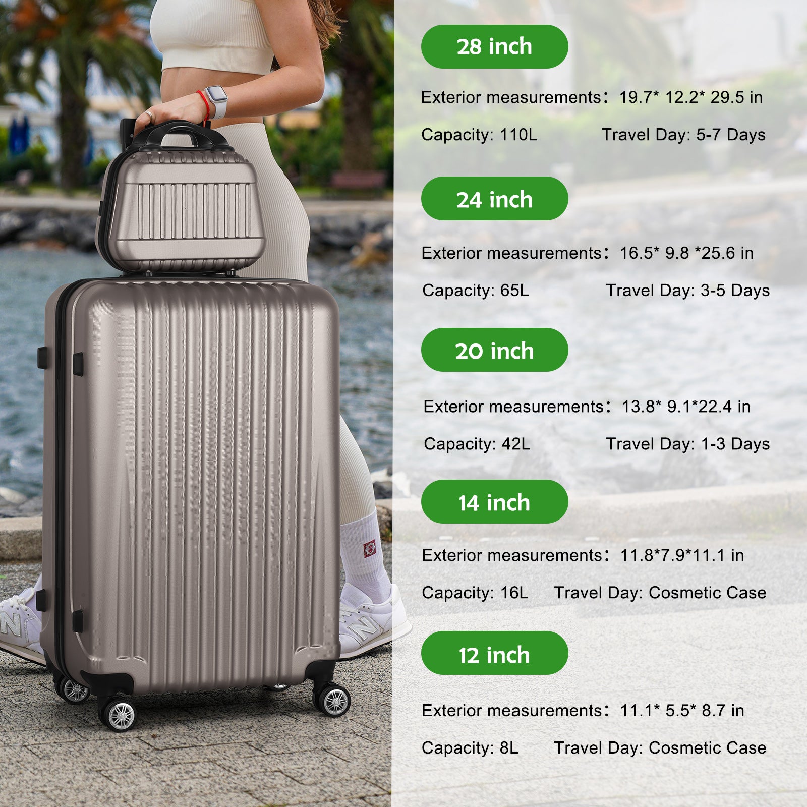 5-Piece Luggage Set, Durable Hardshell, Spinner Wheels, Telescoping Handle, Lightweight Suitcase Combo For Women, 12/14/20/24/28inch Suitcase, Black/Brown/Silver/Rose Gold