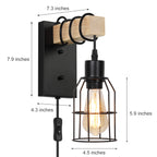 Dual-Pack Industrial Wall Mounted Lights - Plug-in Solid Wood and Metal Cage Sconces for Bedroom, Living Room, or Garage