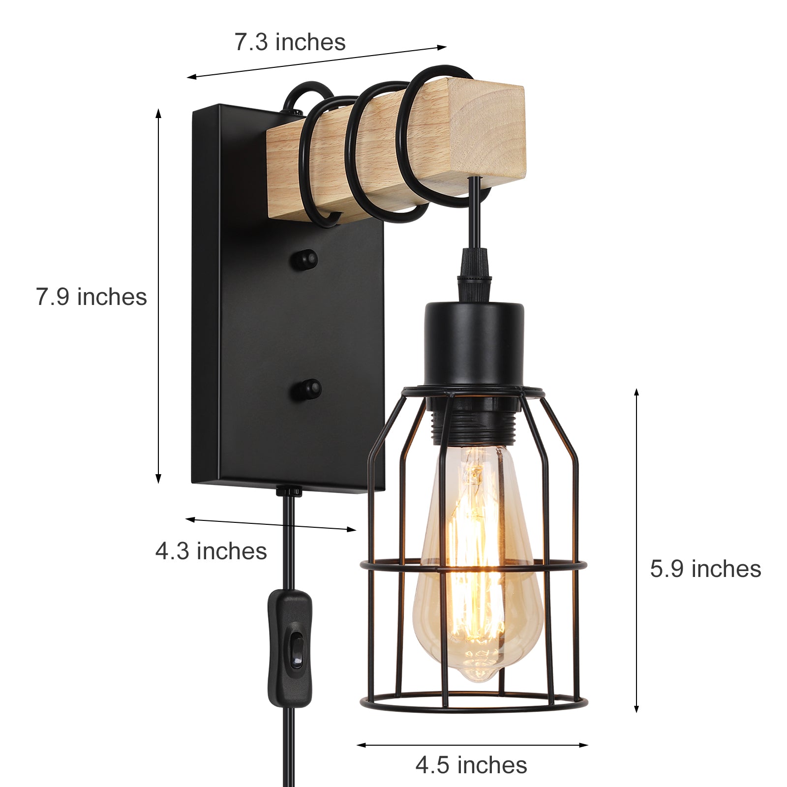 Dual-Pack Industrial Wall Mounted Lights - Plug-in Solid Wood and Metal Cage Sconces for Bedroom, Living Room, or Garage