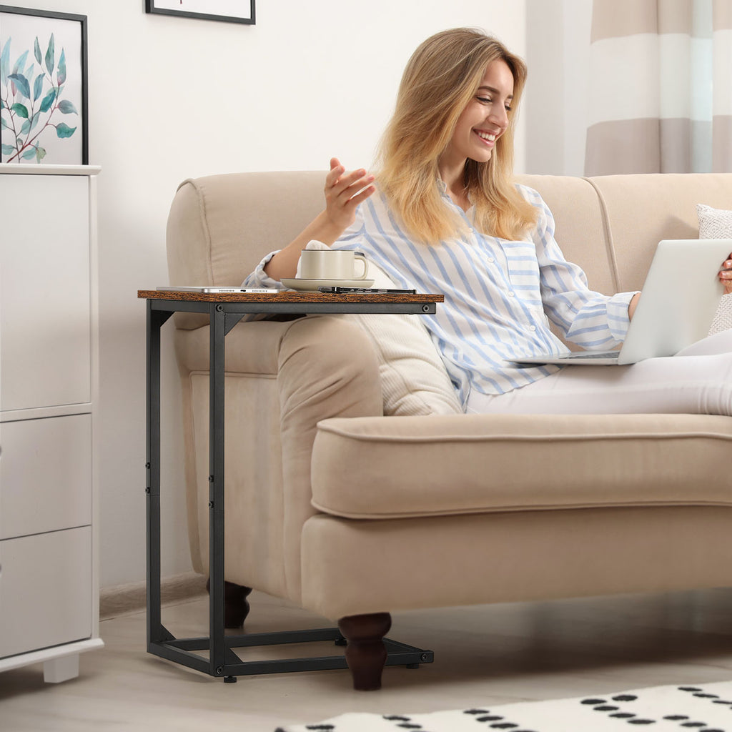 Set of 2 C Shaped Side Tables - Portable Laptop/Snack End Tables for Couch and Bed (Rustic Brown)