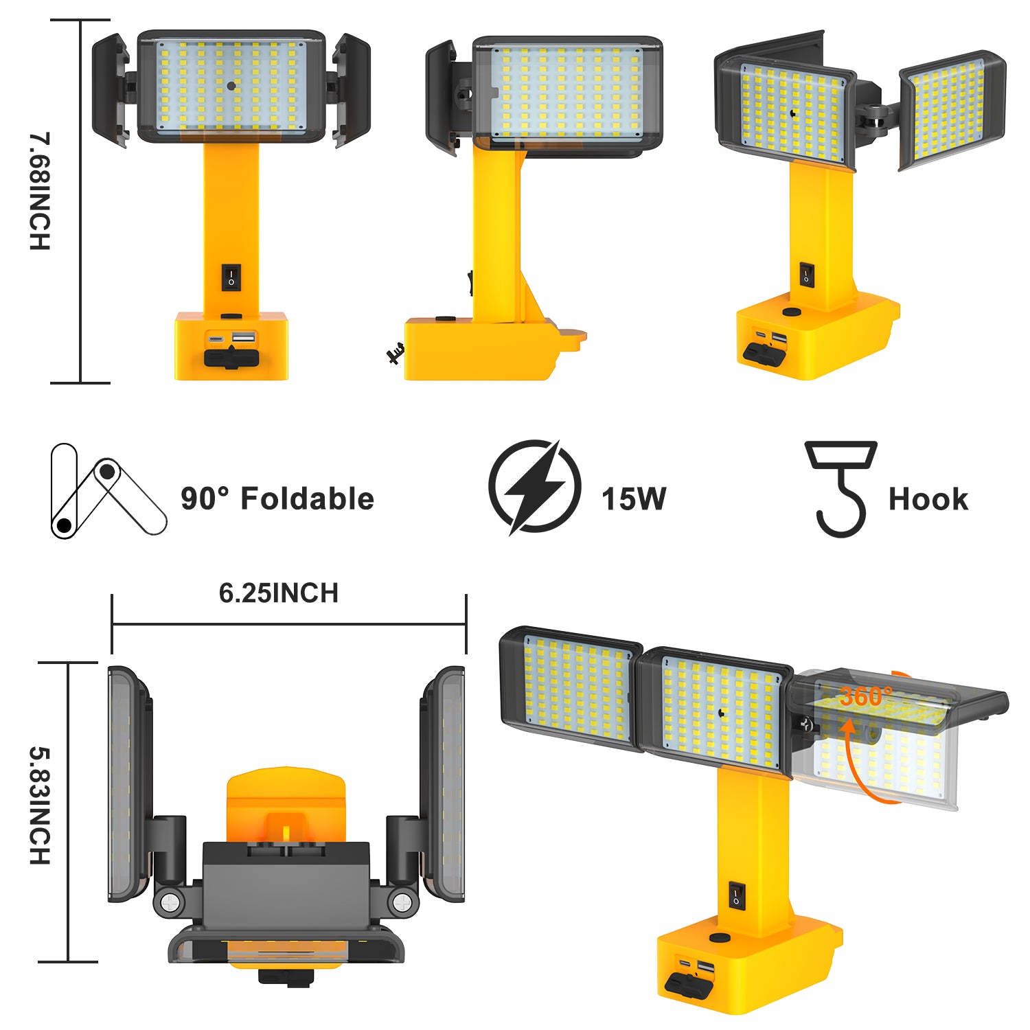 Cordless LED Work Light for DeWalt 20V/18V Battery, 15W Portable Flood Light with USB & Type-C Charging Port, 3-Head Adjustable Outdoor Worklight