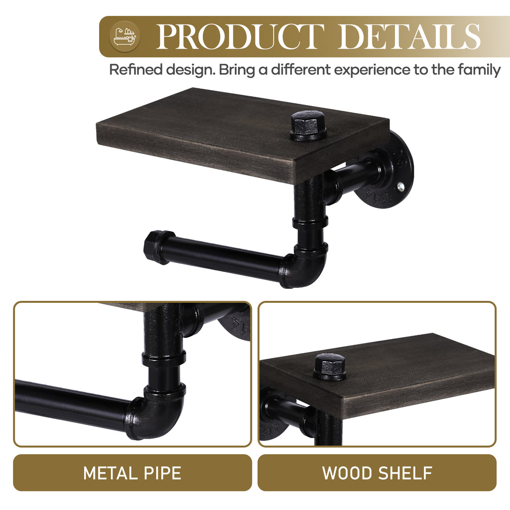 Rustic Industrial Pipe Toilet Paper Hanger with Wood Shelf - Wall-Mounted Black Iron Tissue Holder - Vintage Bathroom & Kitchen Storage