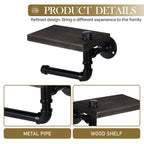 Rustic Industrial Pipe Toilet Paper Hanger with Wood Shelf - Wall-Mounted Black Iron Tissue Holder - Vintage Bathroom & Kitchen Storage