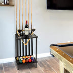 Pool Cue Rack for 6 Sticks - Floor Stand Billiard Accessories Storage, Black Wood