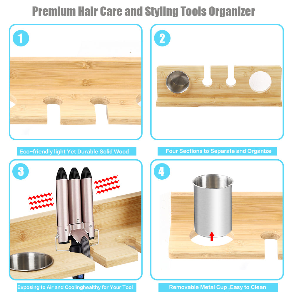 Wall Mount Bamboo Hair Dryer Holder, Multi-Slot Hair Styling Tool Storage Organizer, Hanging Bathroom Caddy for Blow Dryer, Curling Wand, Hair Brush with Detachable Metal Cup
