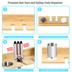 Wall Mount Bamboo Hair Dryer Holder, Multi-Slot Hair Styling Tool Storage Organizer, Hanging Bathroom Caddy for Blow Dryer, Curling Wand, Hair Brush with Detachable Metal Cup