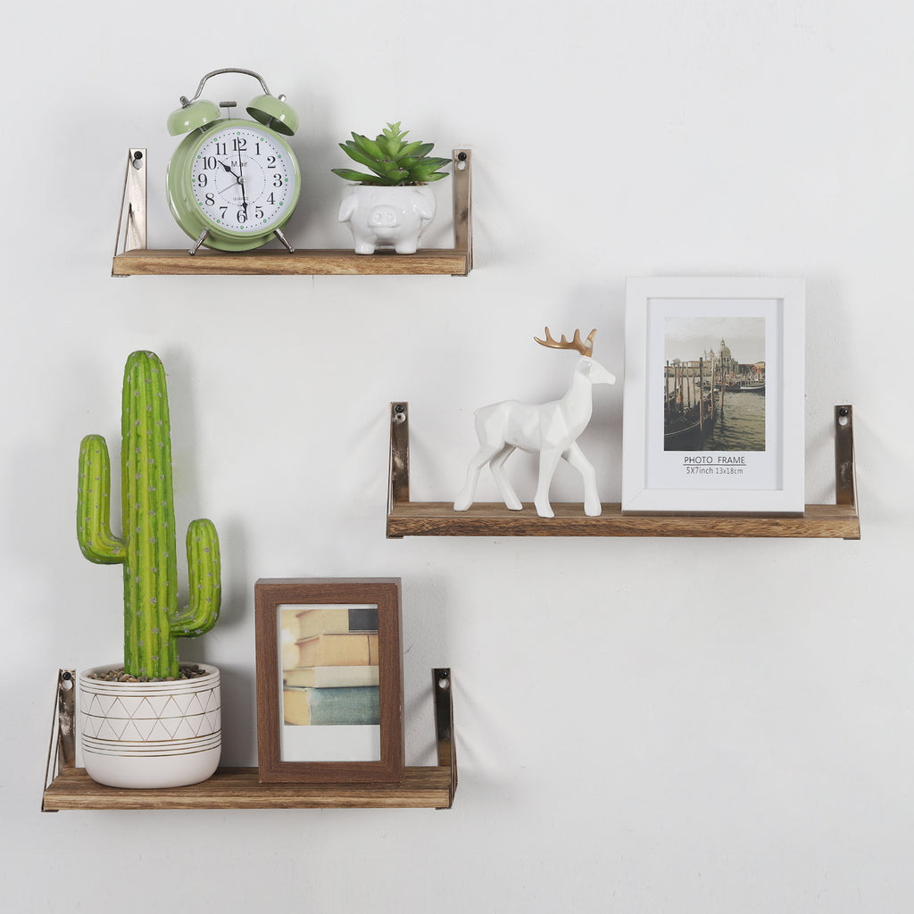 3-Piece Floating Wood Wall Shelves with Industrial Metal Supports, Versatile Brown Hanging Storage Racks for Bed, Bath, and Kitchen Organization