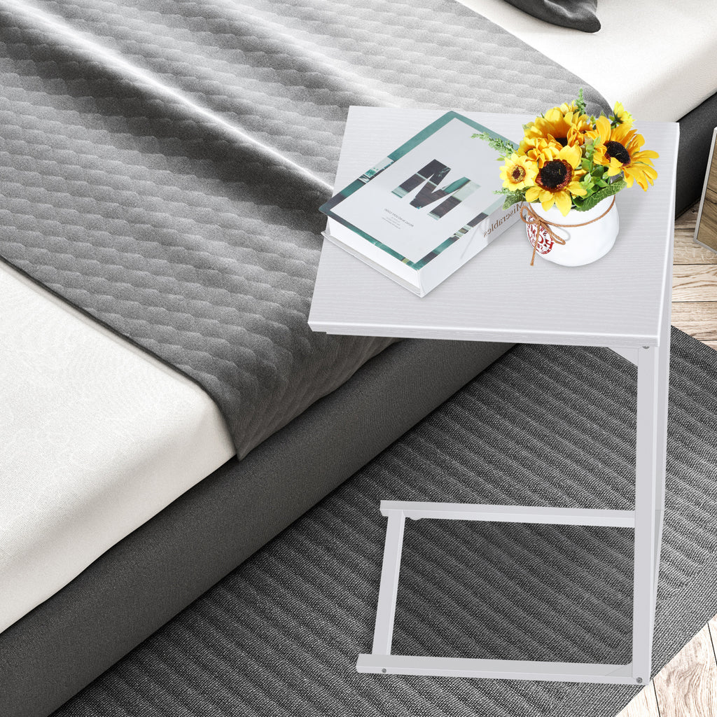 White C-Shaped End Table with Metal Frame, Bedside Snack Side Table for Laptop, Coffee & Living Room,