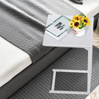White C-Shaped End Table with Metal Frame, Bedside Snack Side Table for Laptop, Coffee & Living Room,