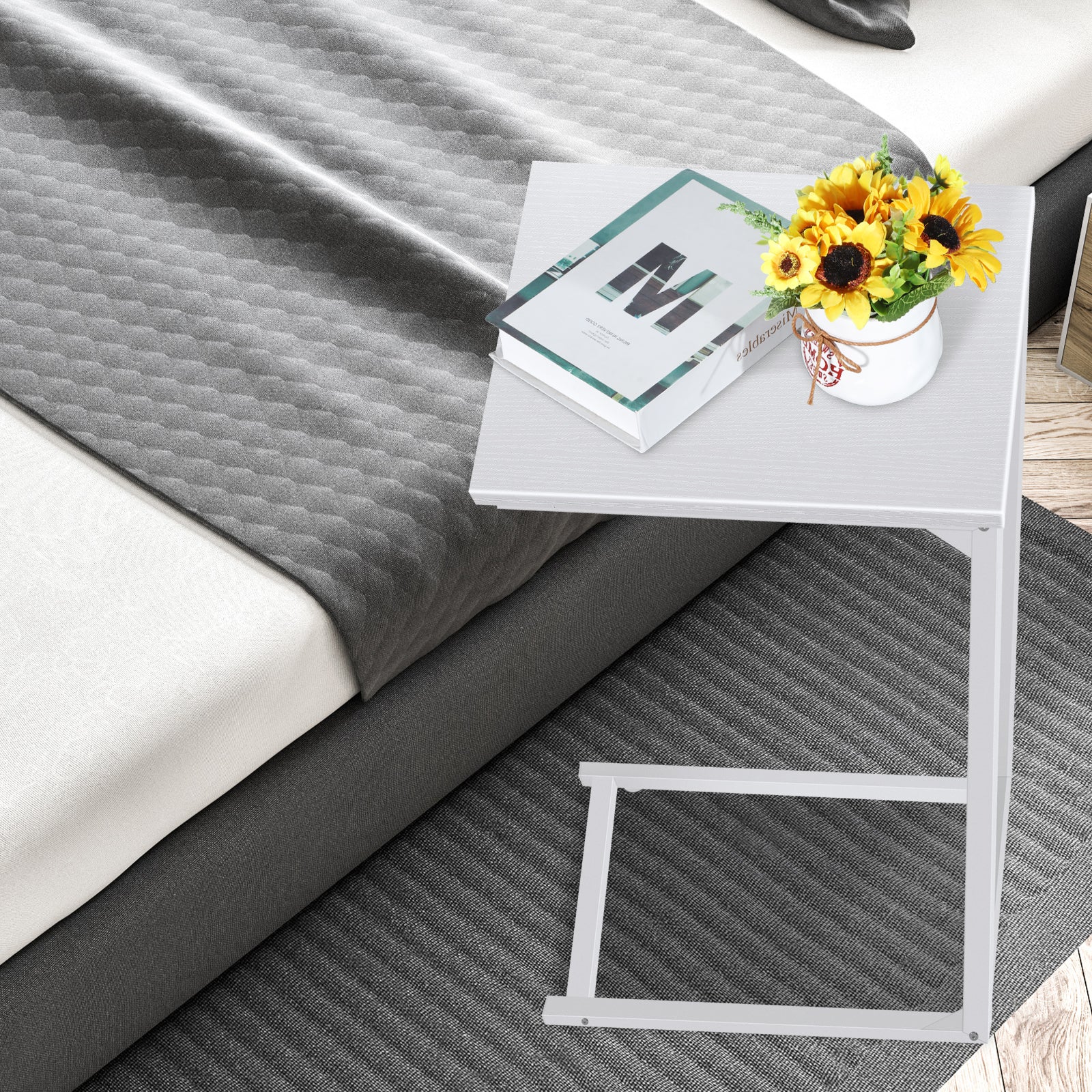 White C-Shaped End Table with Metal Frame, Bedside Snack Side Table for Laptop, Coffee & Living Room,