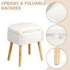 White Faux Rabbit Fur Vanity Chair with Storage & Foldable Cutout Back, Upholstered Makeup Stool with Solid Wood Legs, 330 LBS Capacity Padded Ottoman Seat for Bedroom, Makeup Room, Dressing Table