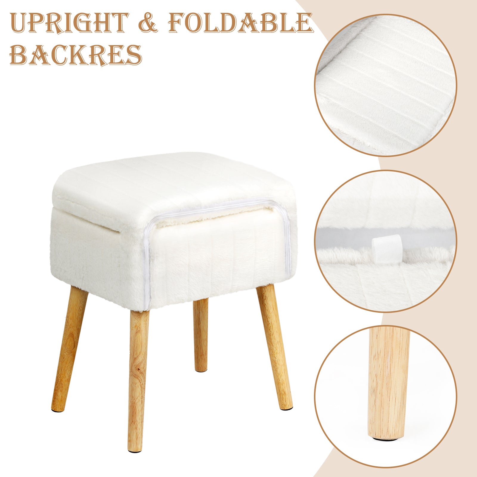 White Faux Rabbit Fur Vanity Chair with Storage & Foldable Cutout Back, Upholstered Makeup Stool with Solid Wood Legs, 330 LBS Capacity Padded Ottoman Seat for Bedroom, Makeup Room, Dressing Table