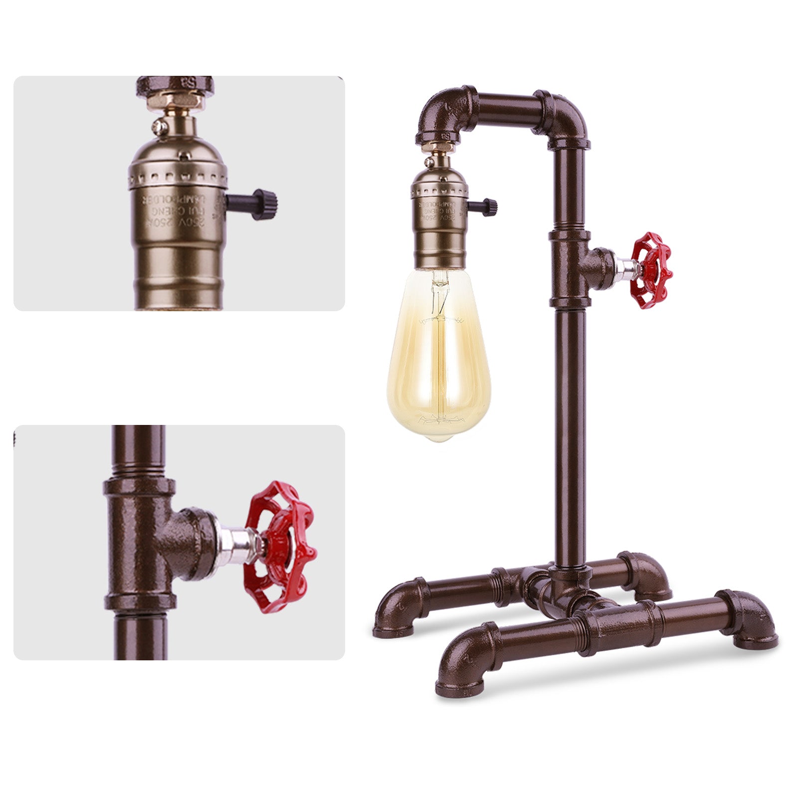 Retro Bronze Water Pipe Table Lamp with Red Valve， Steampunk Industrial Desk Lamp for Loft and Cafe Decor.
