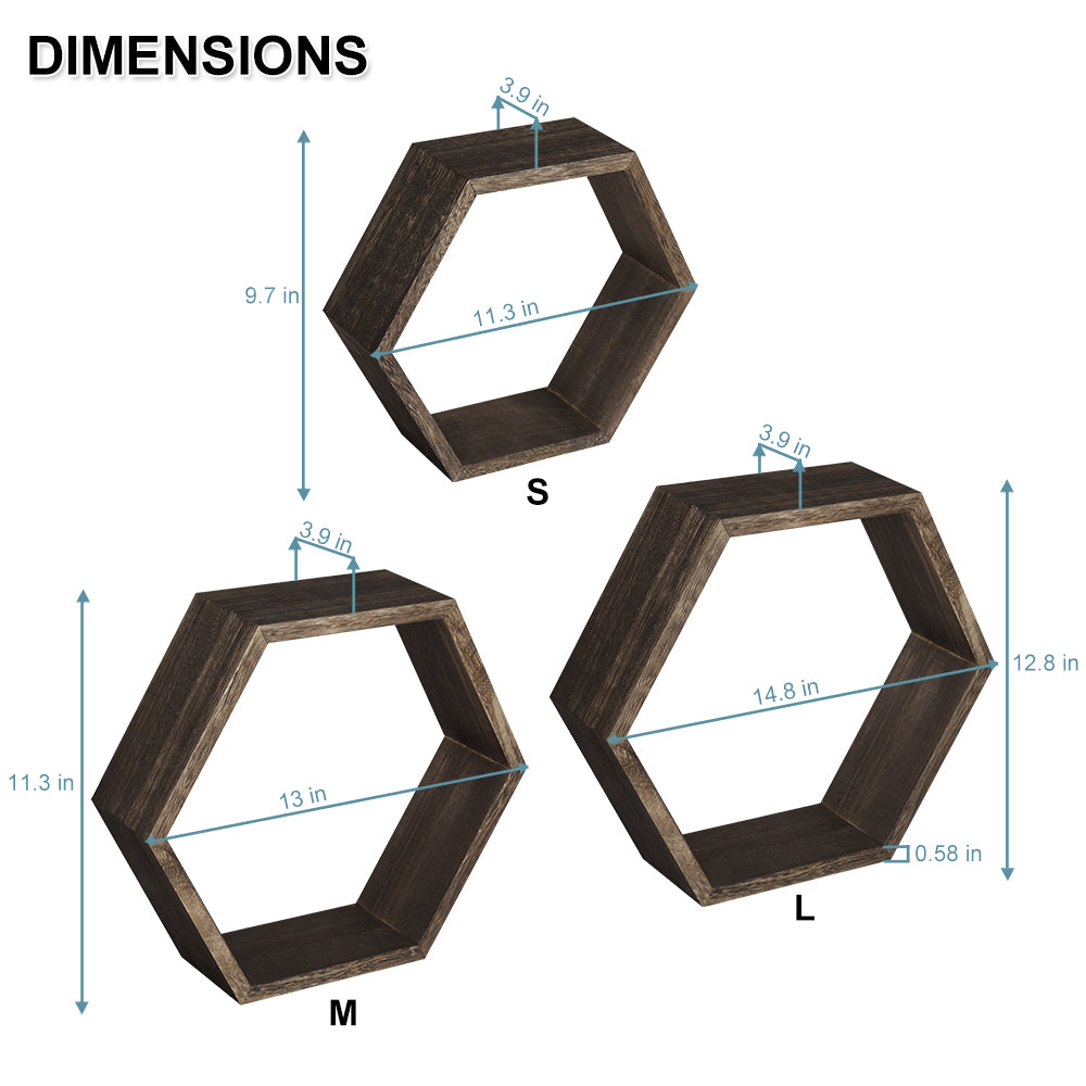 Set of 6 Black Hexagon Floating Shelves - Rustic Wood Honeycomb Wall Mounted Home Decor Storage