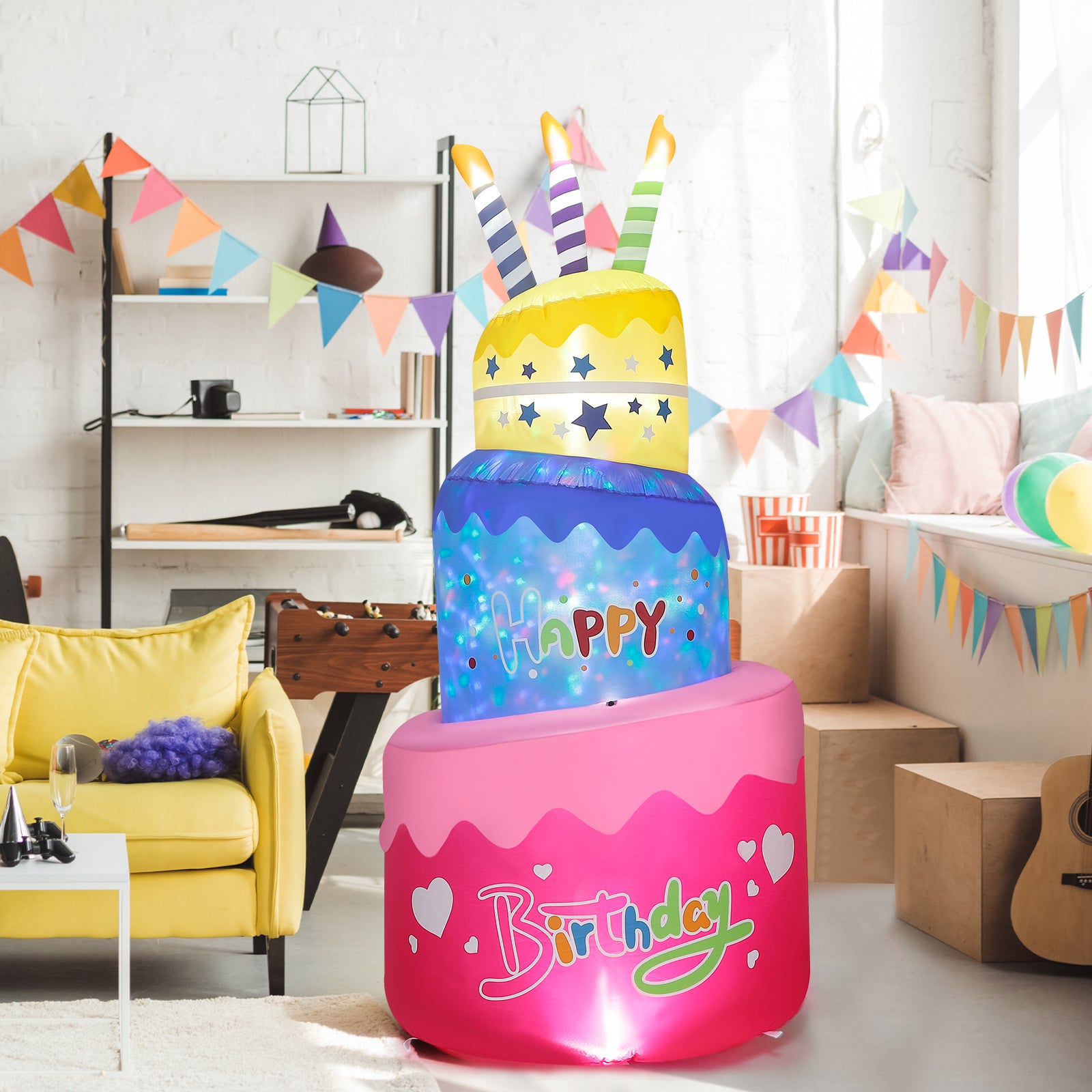 Happy Birthday Inflatable Cake with Candles, Rotating Colorful LED Light-Up Celebration Decor for Yard