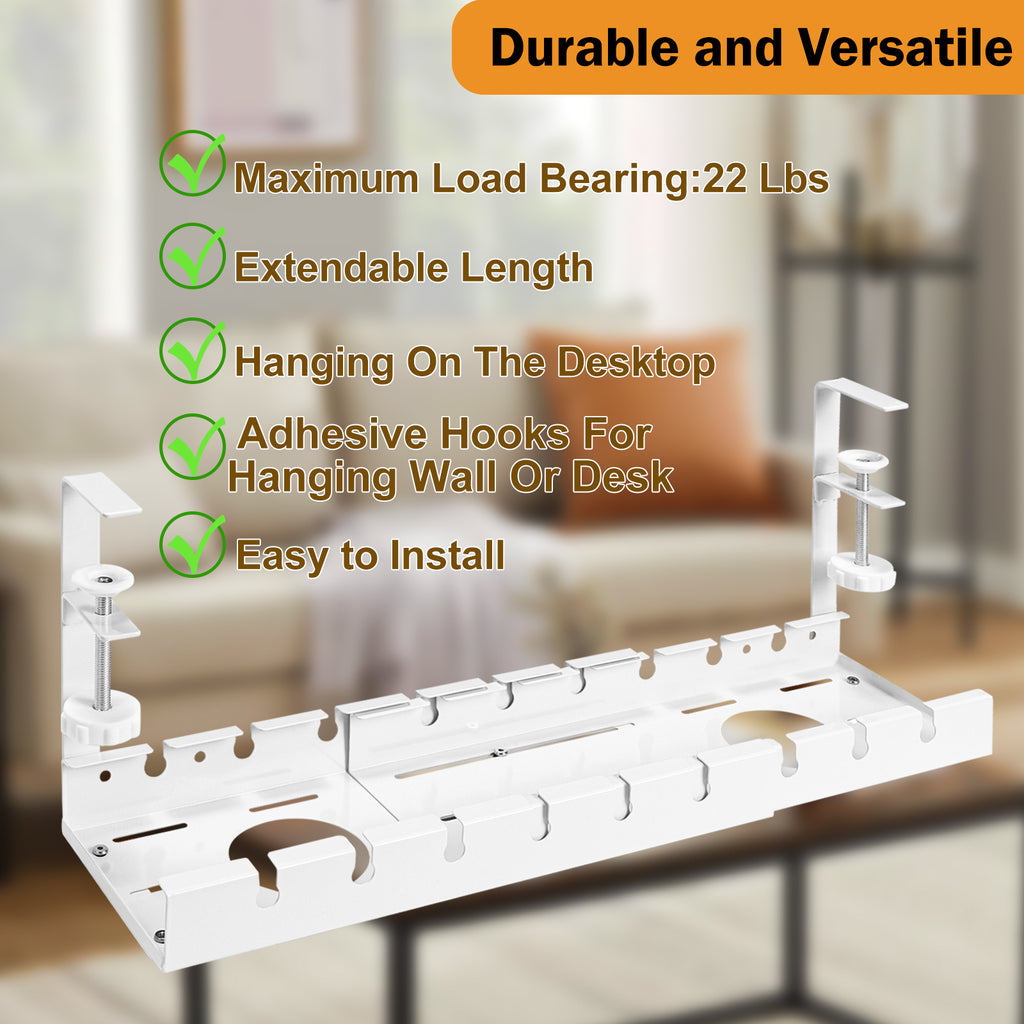 2 Pack Extendable Under Desk Cable Management Tray - No Drill Cord Organizer with Clamps
