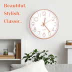 12 Inch Rose Gold Silent Wall Clock - Modern Minimalist Non-Ticking Clock for Living Room, Bedroom, Kitchen, Battery Operated, Large Easy-to-Read Display