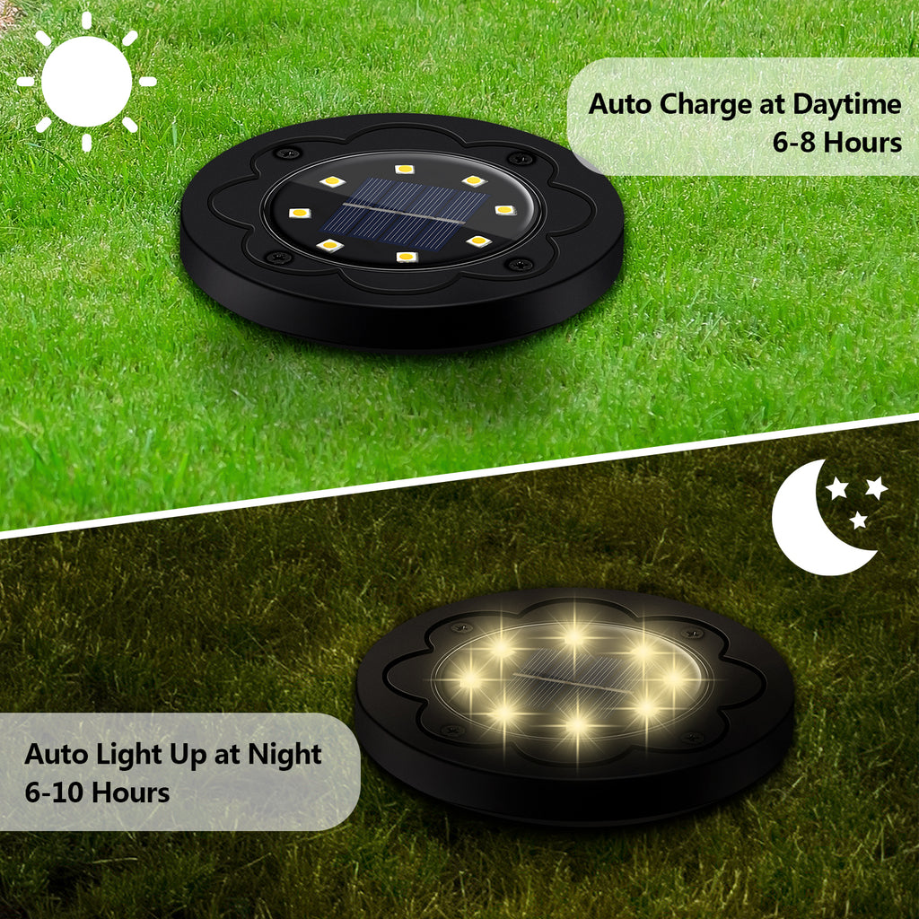 Flower Shaped 8‑LED Solar Ground Lights 8‑Pack, Waterproof Outdoor Buried Disk Lights